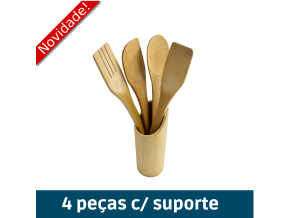 KIT 4 PECAS UTENSILIOS COM SUPORTE BAMBU