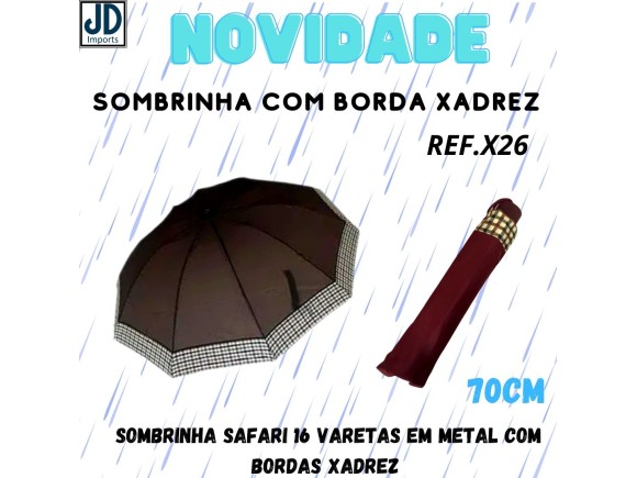 GUARDA CHUVA HASTE TELECOSPICAS METAL CABO CURVO TK026XADREZ